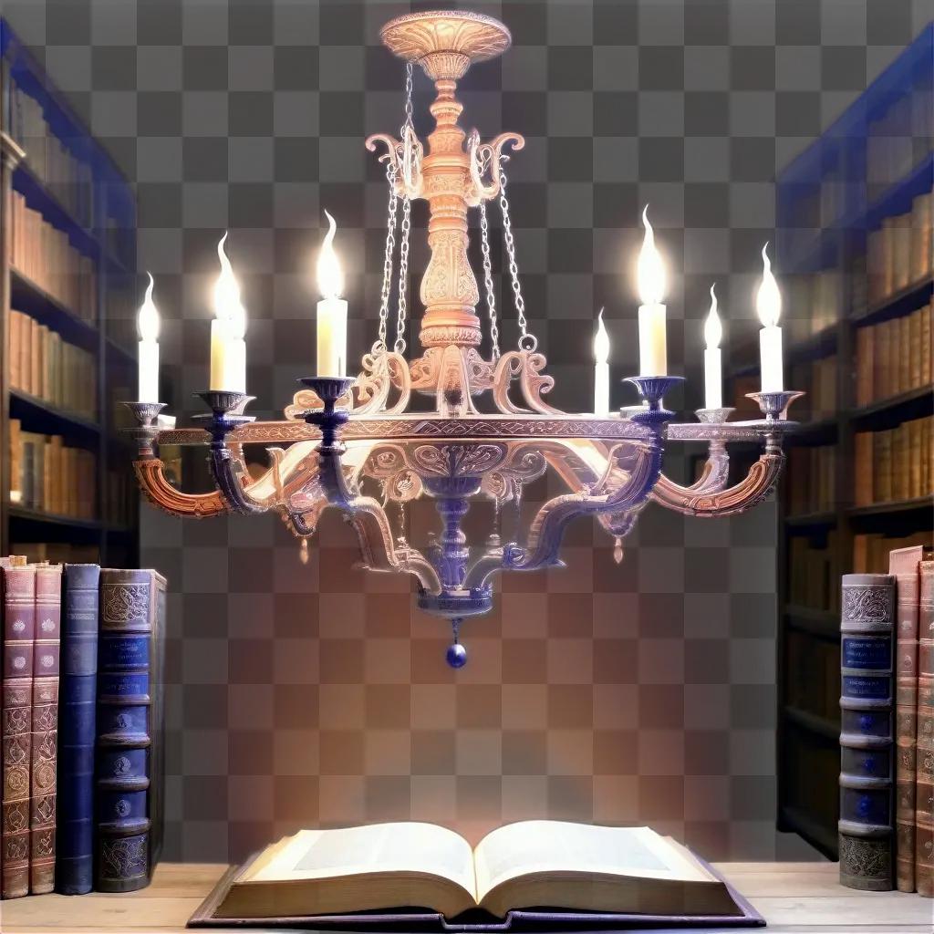 chandelier lit candles, with books behind it