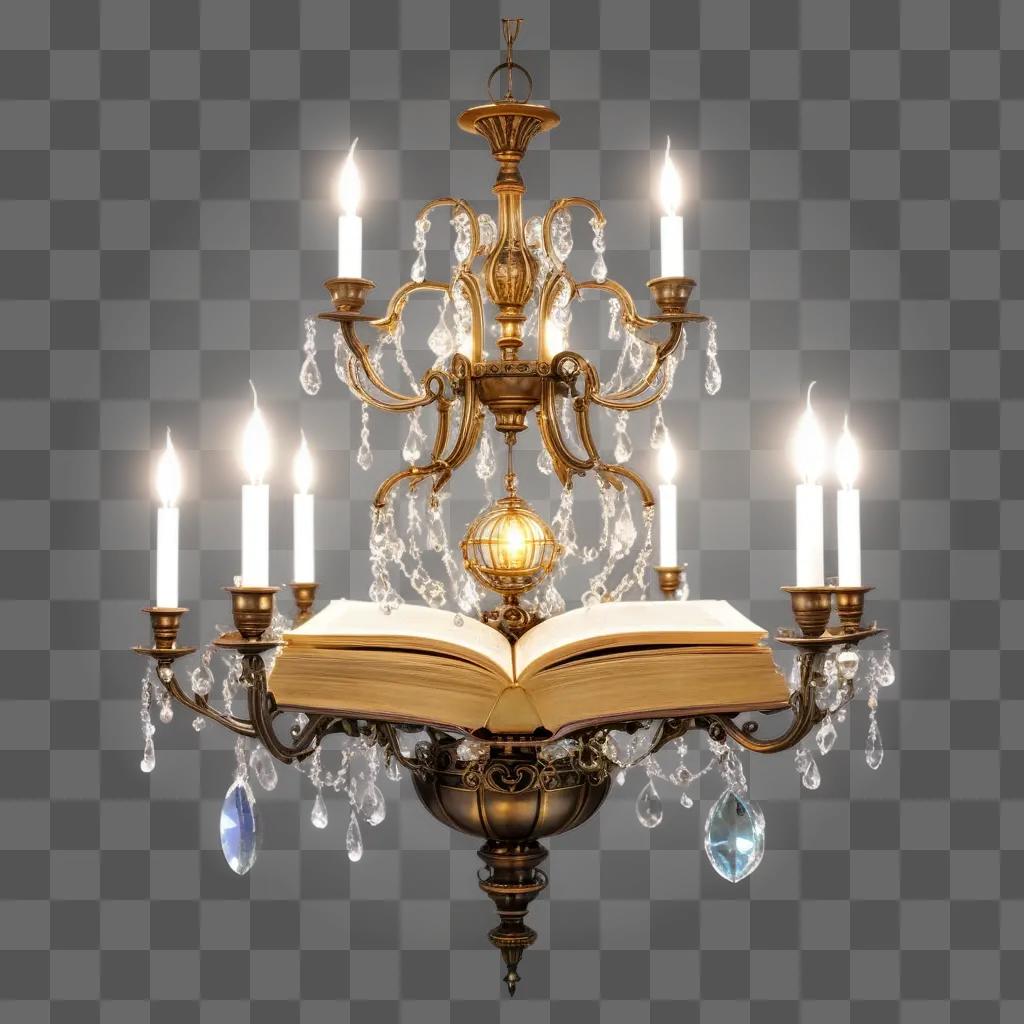 chandelier with lit candles and an open book