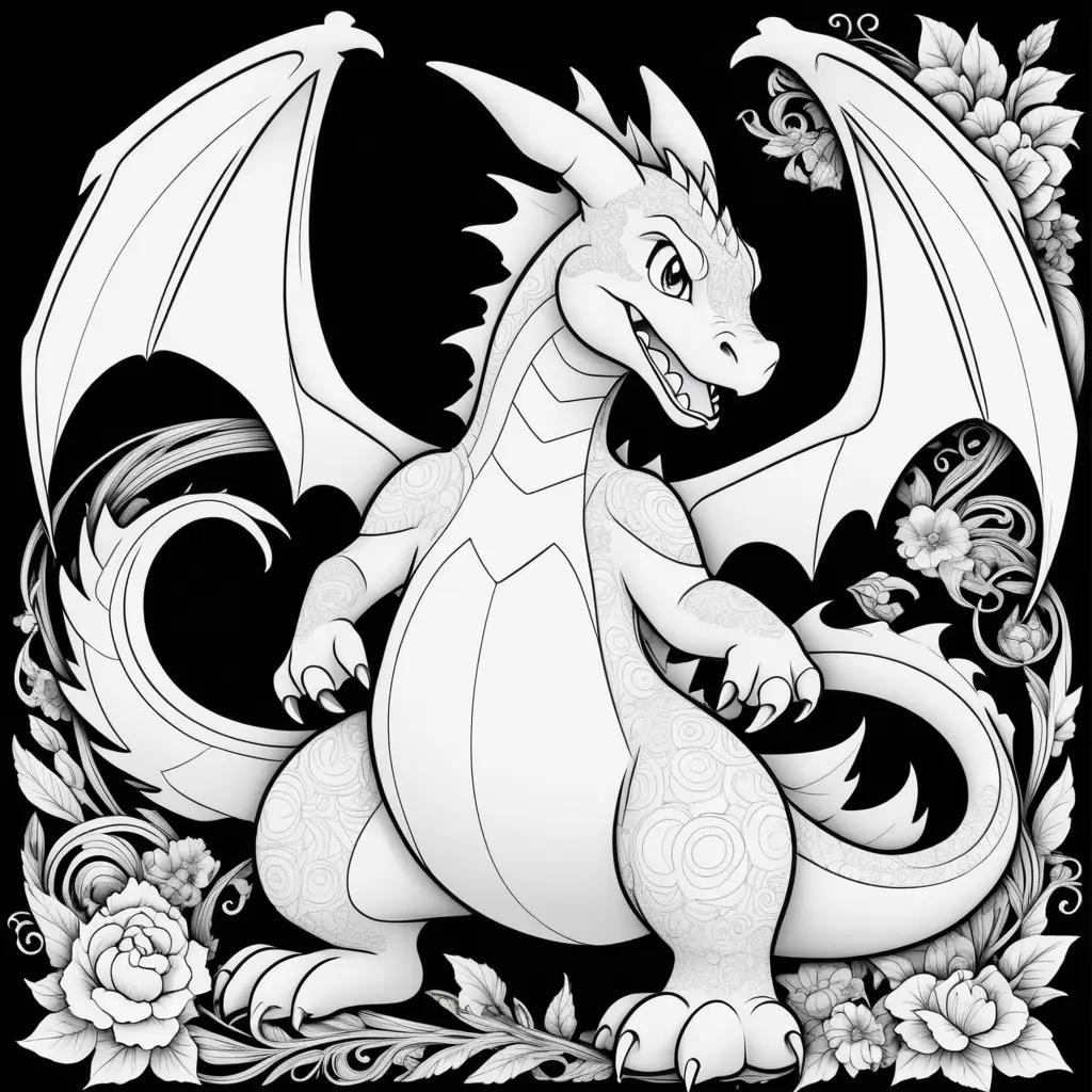 charizard coloring page with a black and white background