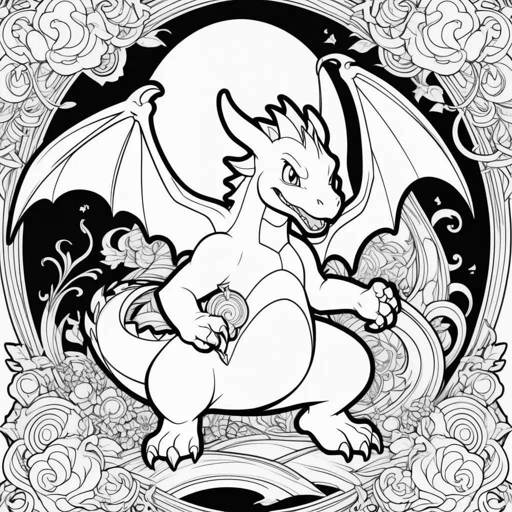charizard coloring page with a moon and roses in the background