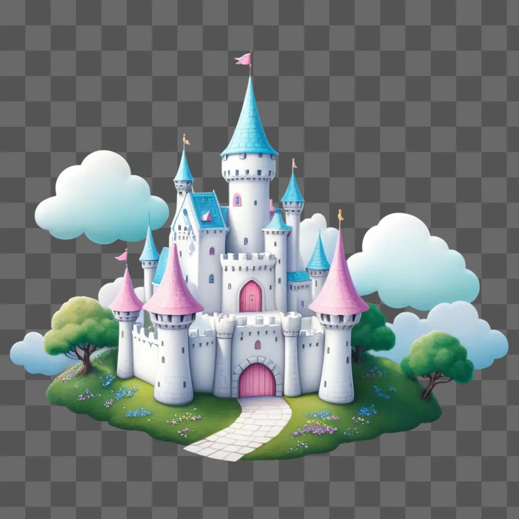 charming, kawaii castle drawing with a pink roof and blue walls