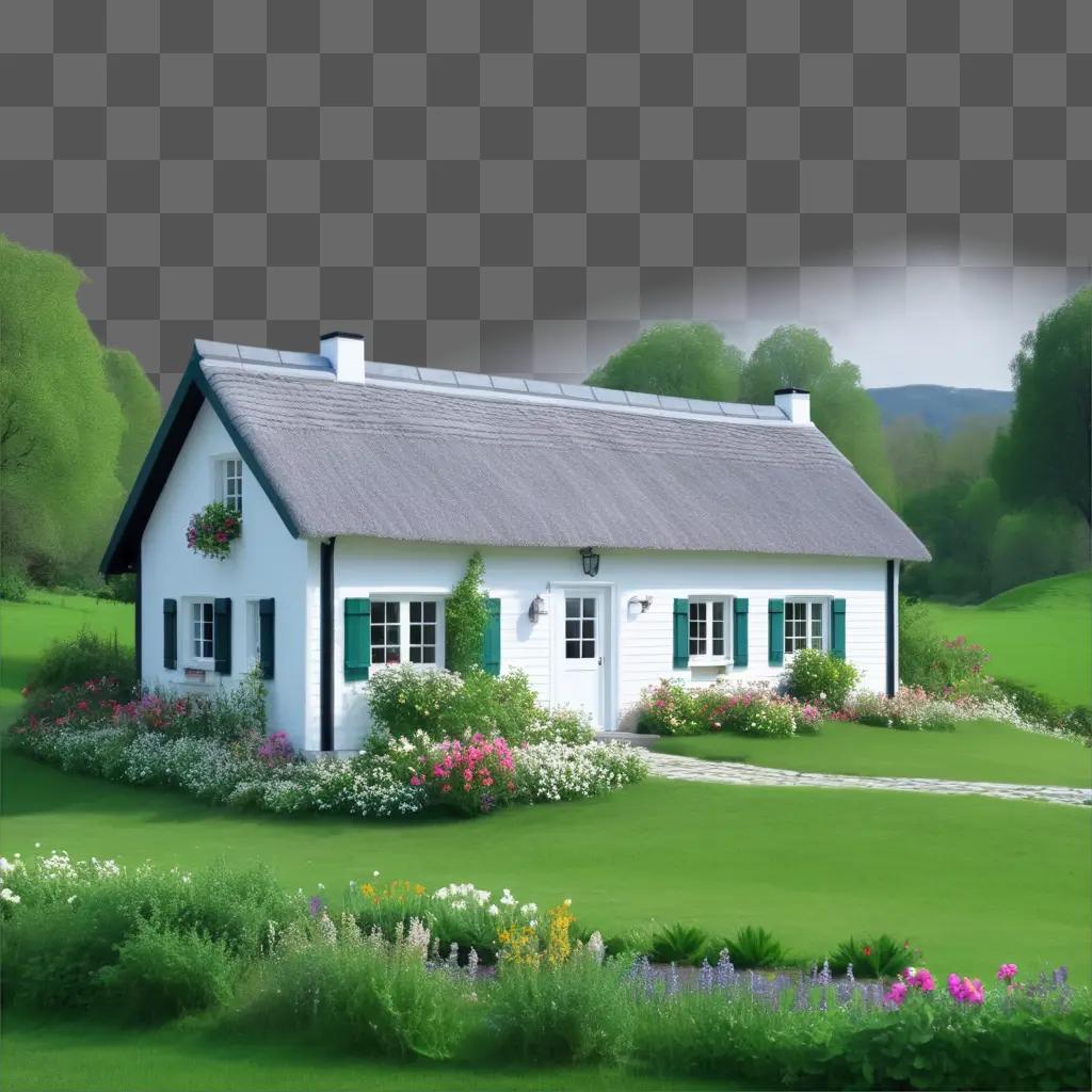 charming white cottage with green shutters and flower garden