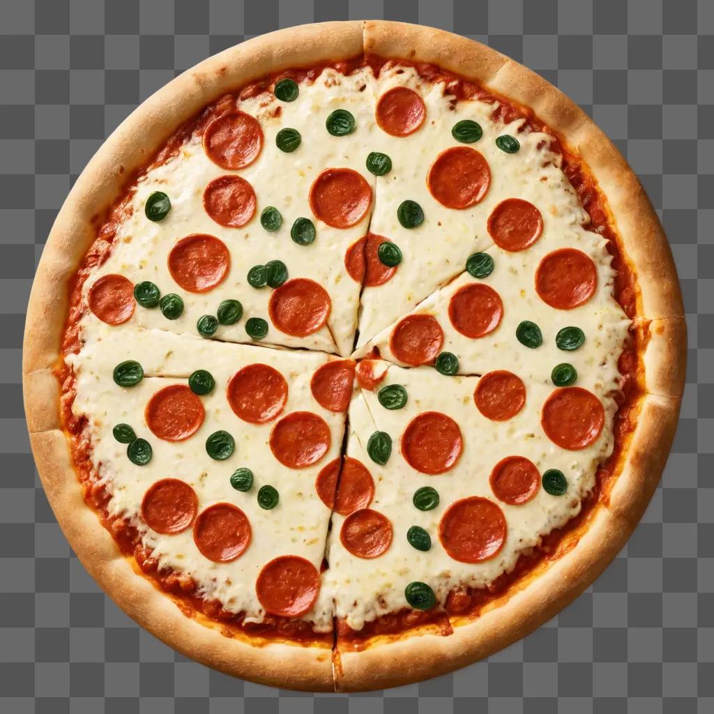 cheese pizza clipart A pepperoni pizza with green toppings on a beige surface