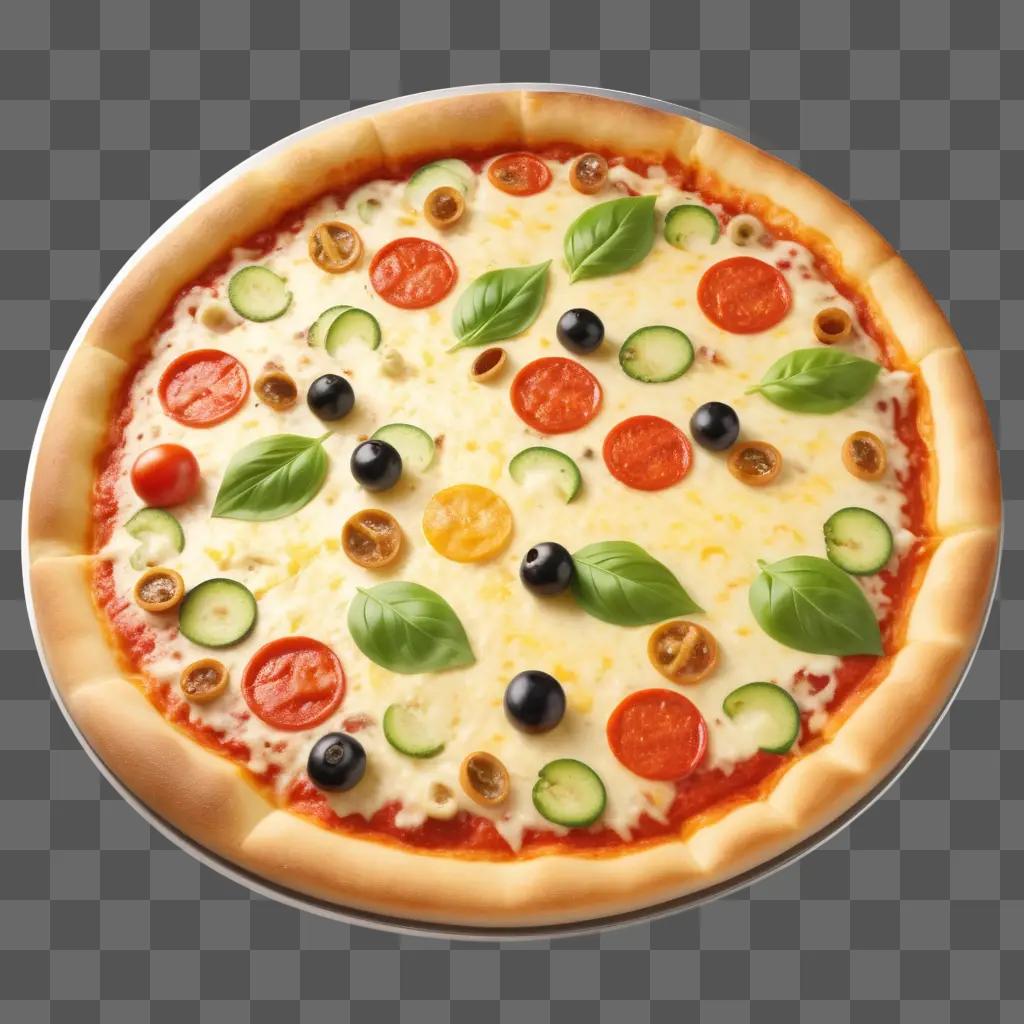 cheese pizza with various toppings on a brown background