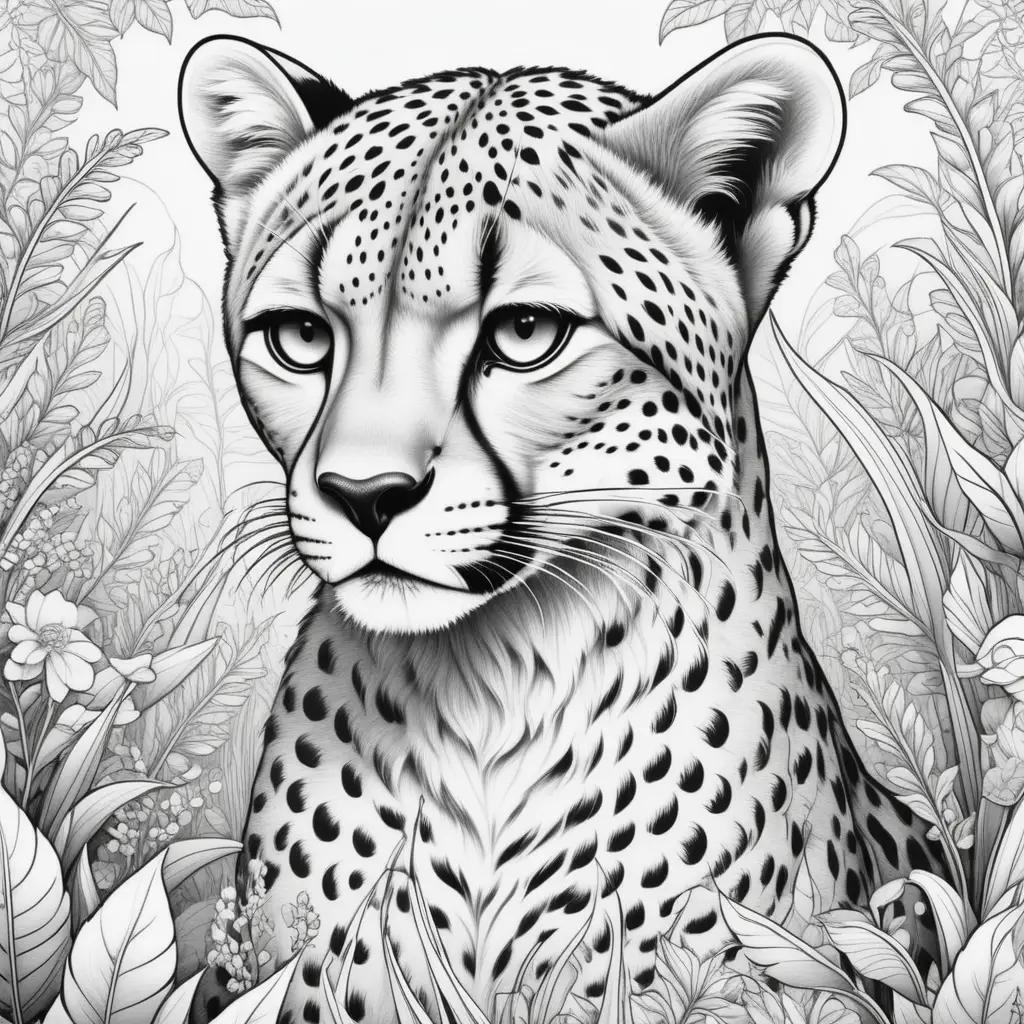 cheetah coloring page with a black and white color scheme