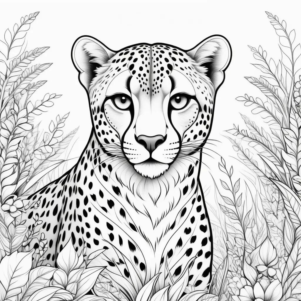 cheetah coloring page with flowers and leaves