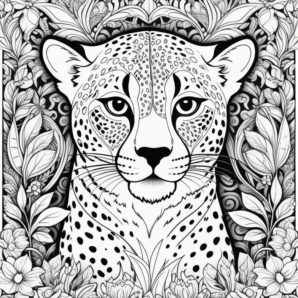 cheetah coloring page with intricate patterns and flowers