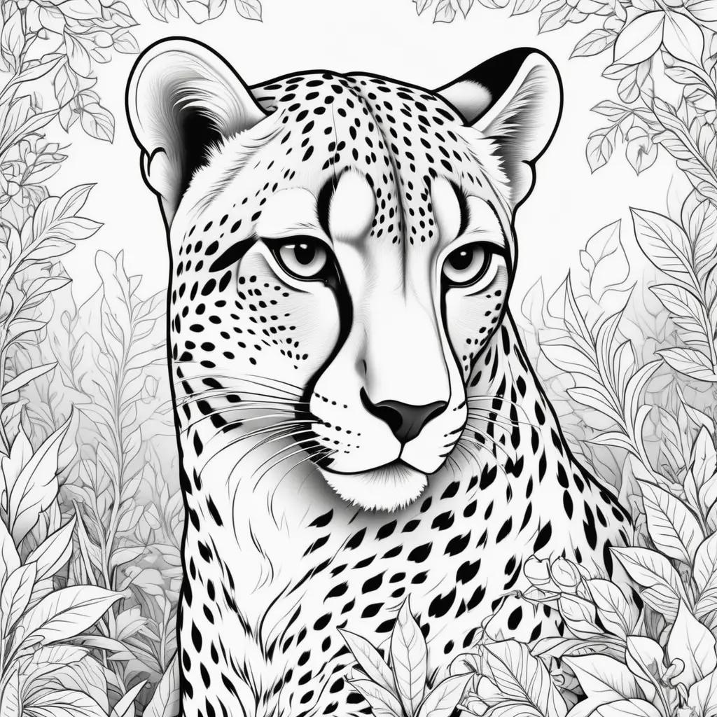 cheetah coloring page with leaves in the background