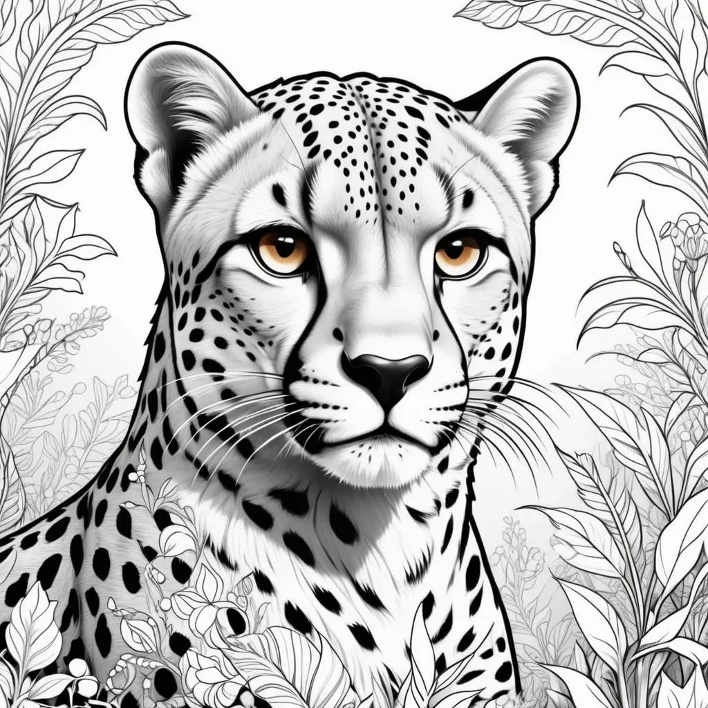 cheetah is colored in a black and white drawing