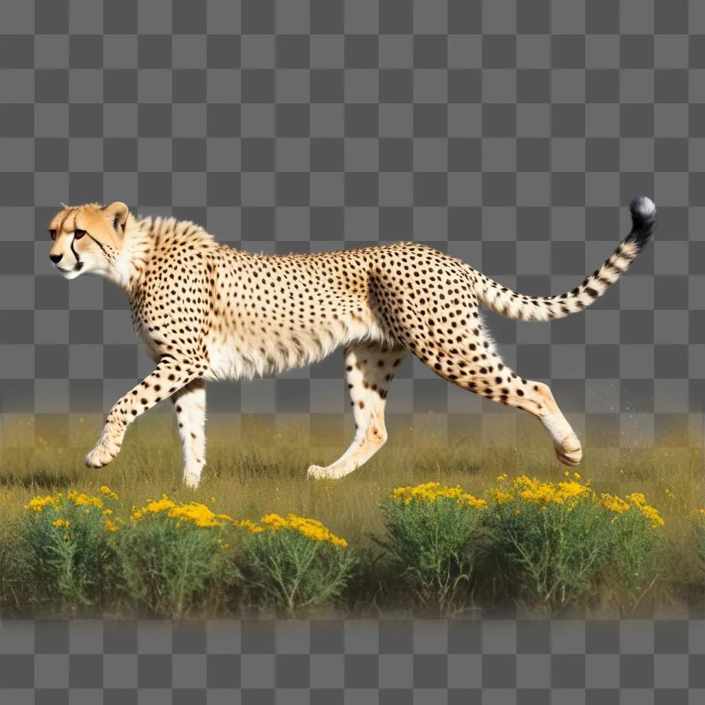 cheetah is running through a field with yellow flowers