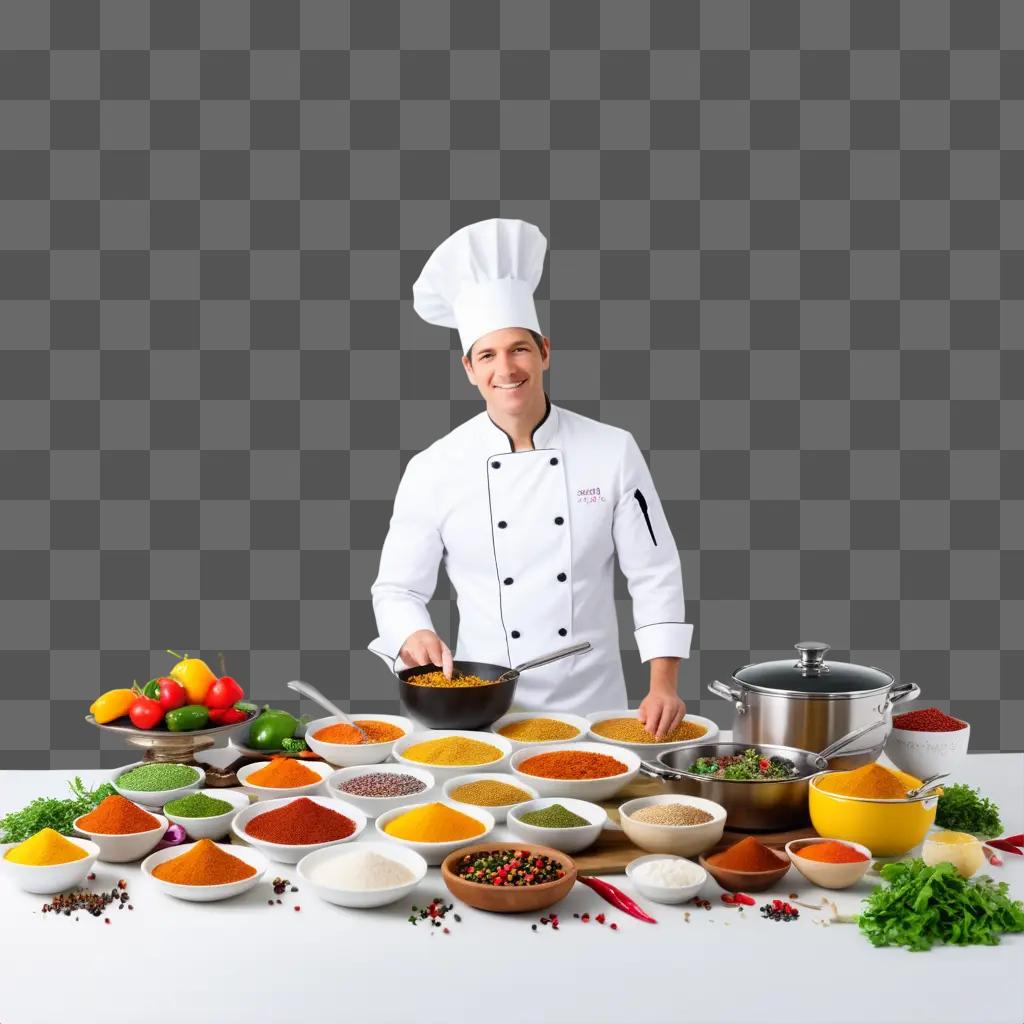 chef cooks in front of a colorful array of ingredients