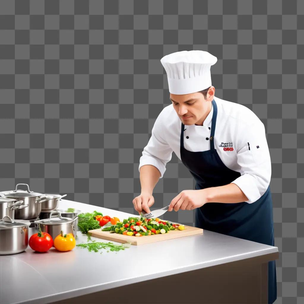 chef in a white apron is preparing food on a wooden cutting board