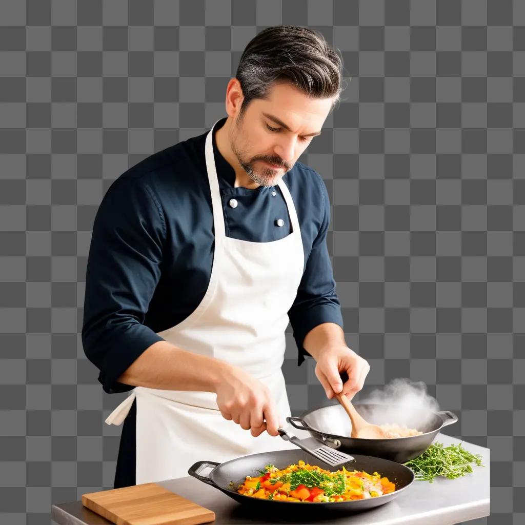 chef in an apron preparing food in a pan