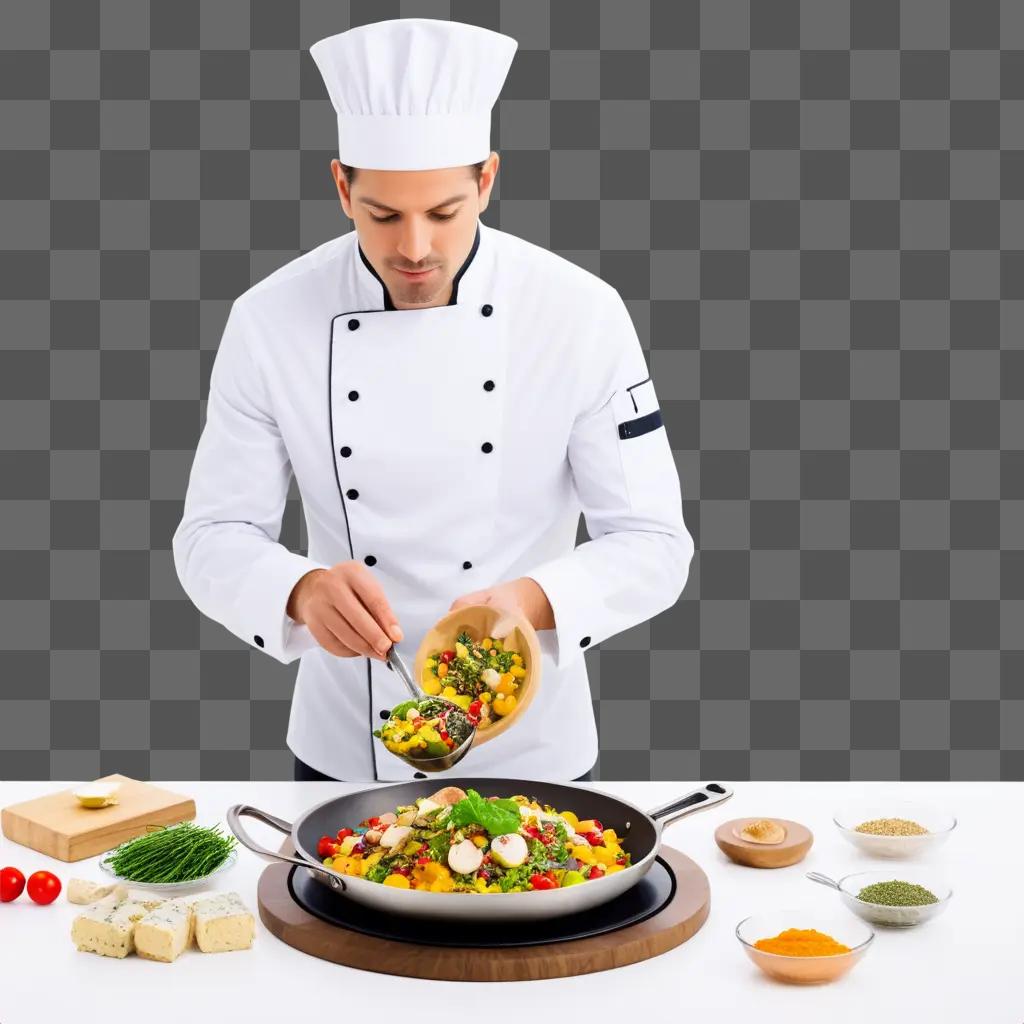 chef is cooking a meal in a pan on a table