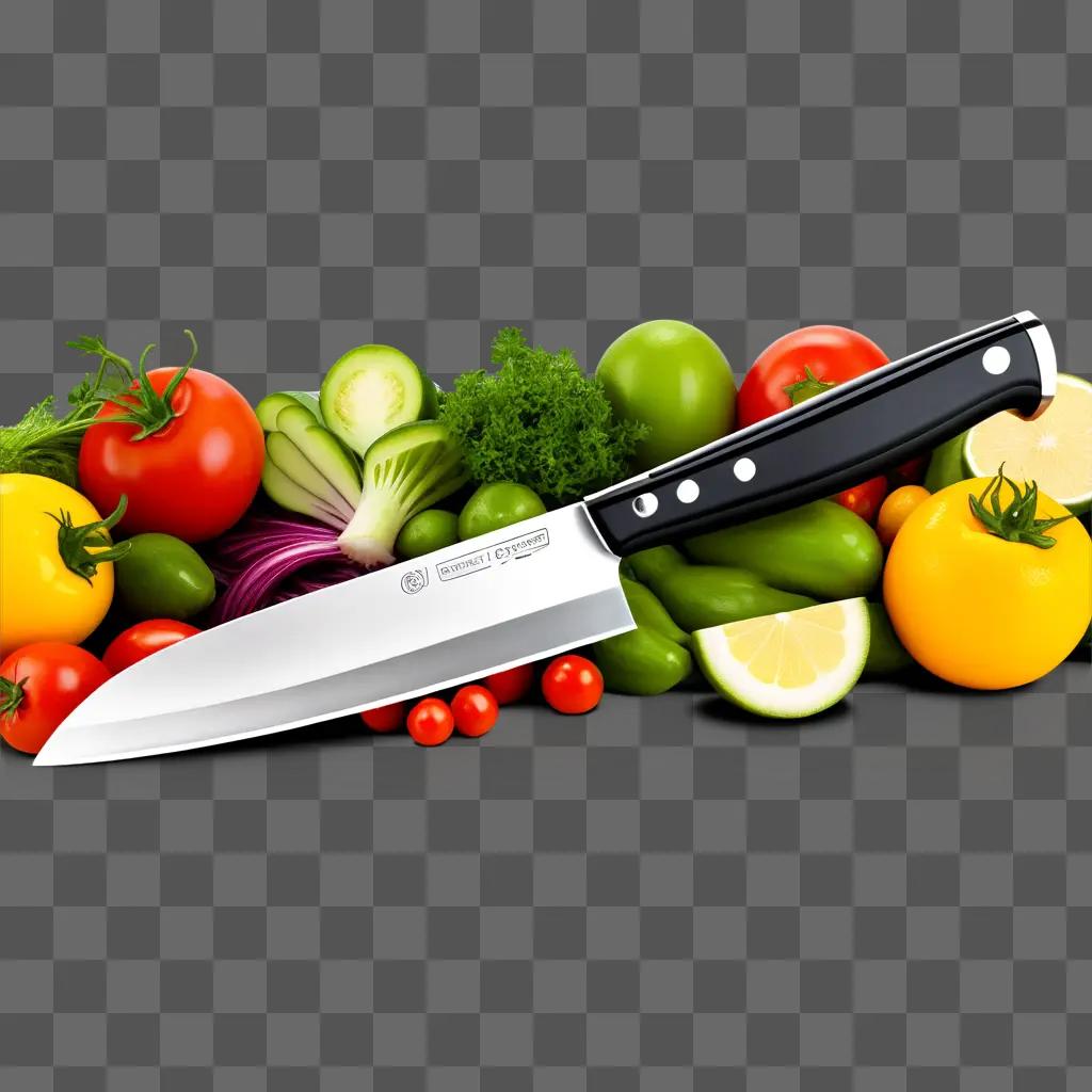 chef knife lies among vegetables on a table