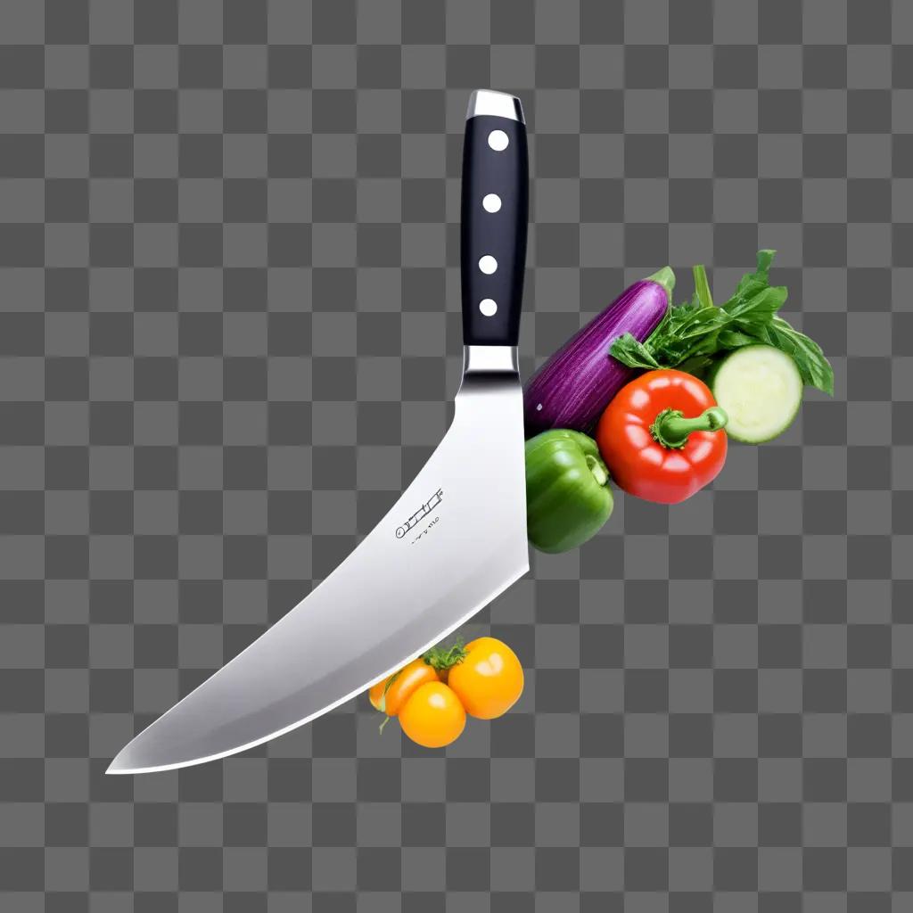 chef knife with a handle on a plate of vegetables