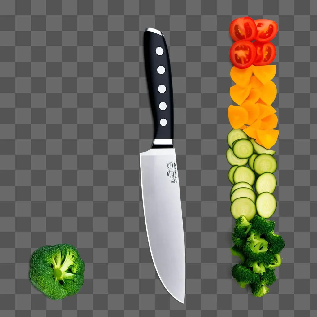 chef knife with a long handle is on a plate of vegetables