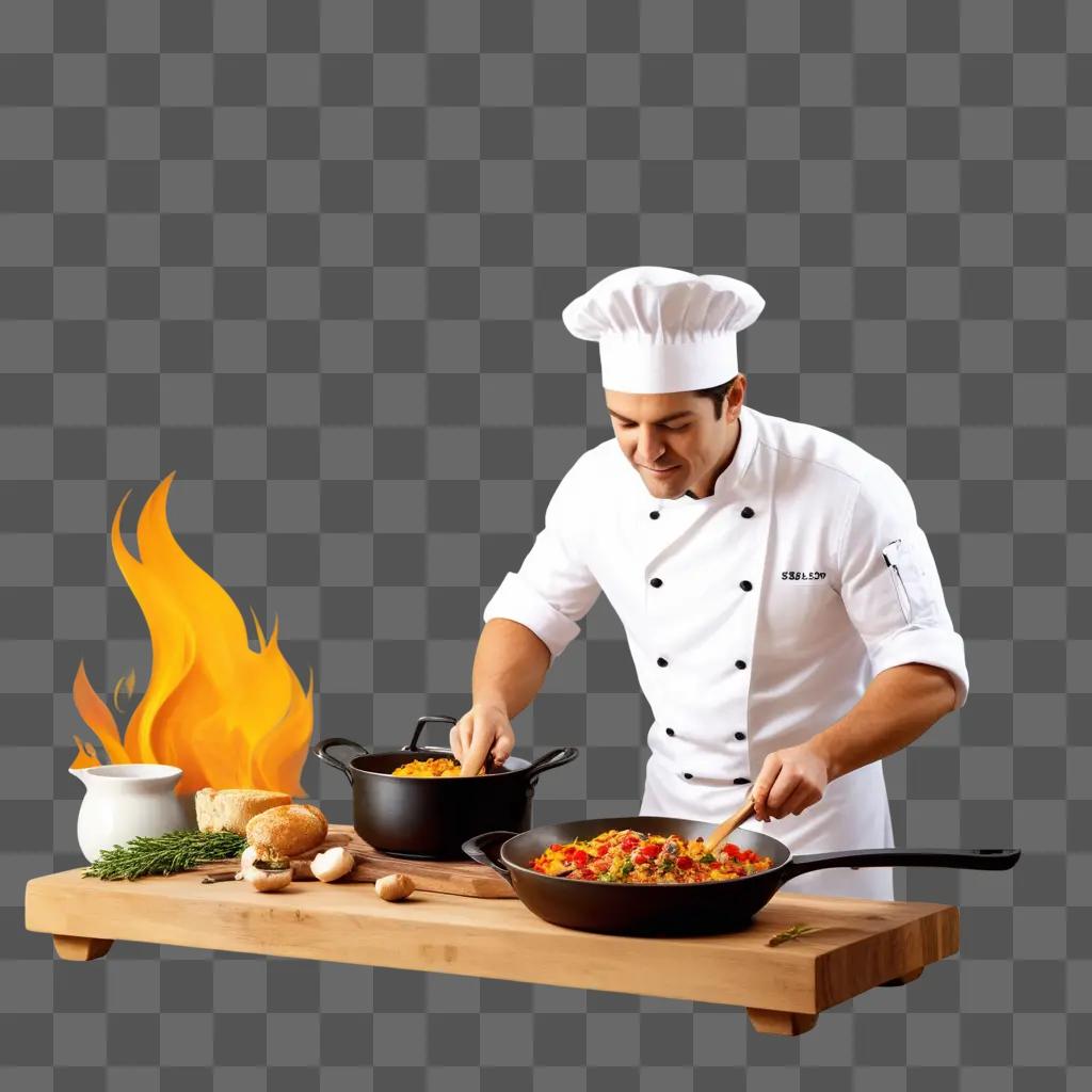 chef preparing food in a kitchen with fire behind him