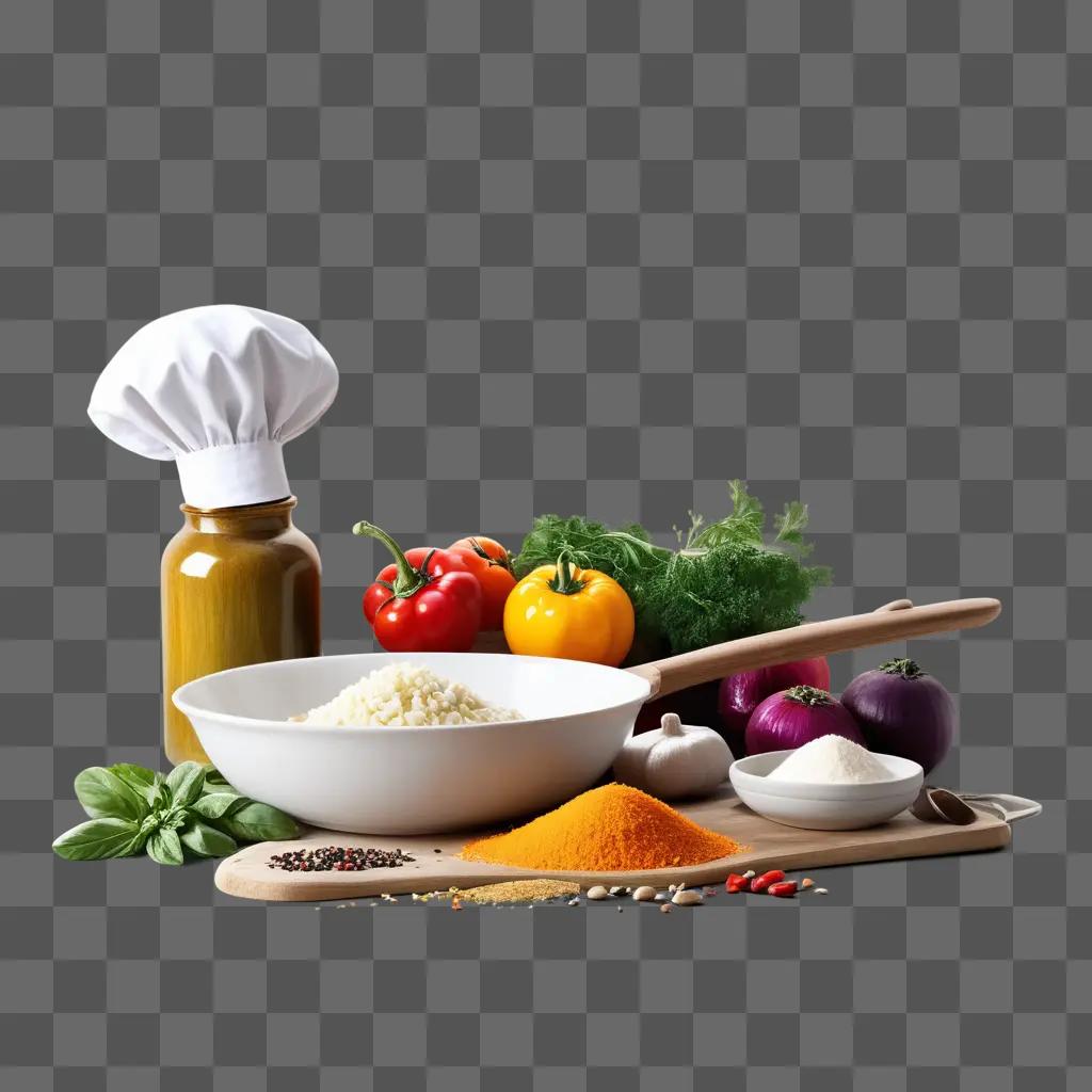 chefs hat sits on a table full of fresh ingredients for a recipe