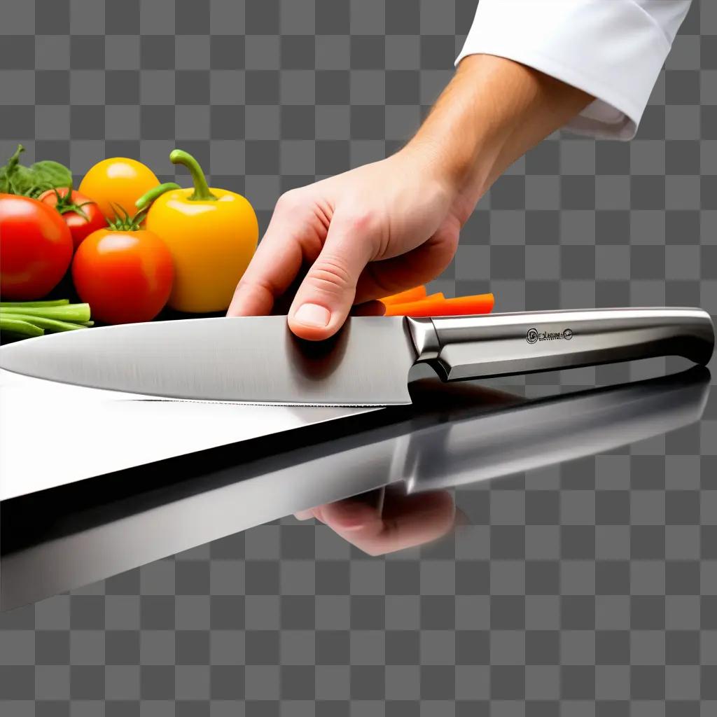 chefs knife is held over a table with peppers