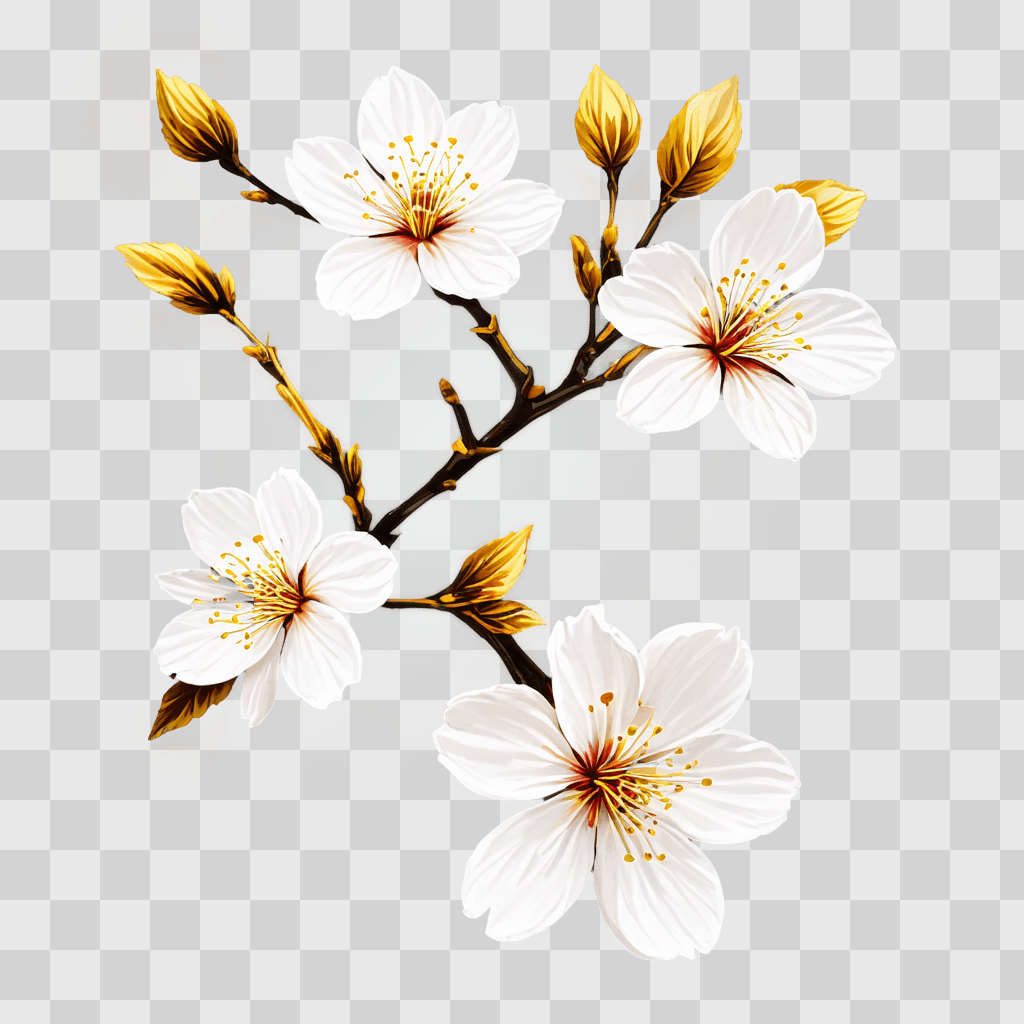 cherry blossom flower drawing A branch with white flowers and golden tips