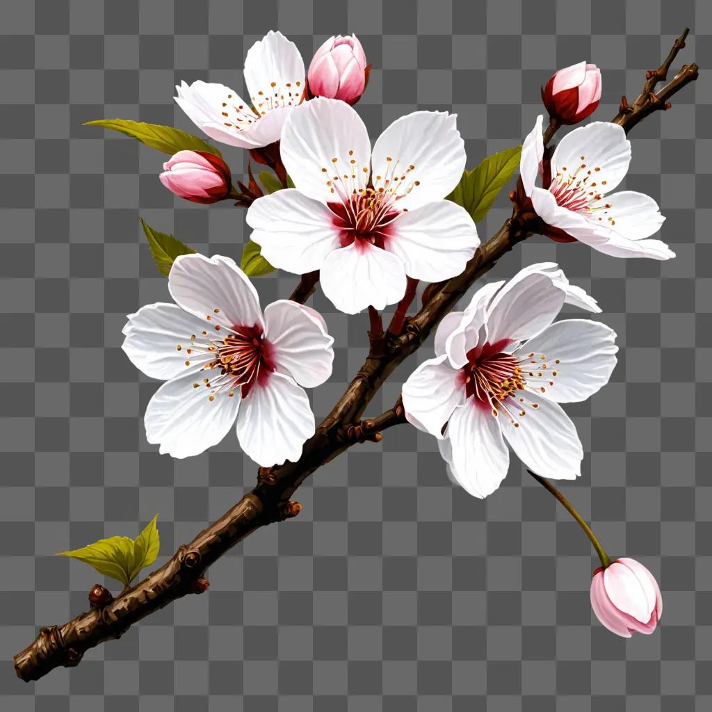 cherry blossom flower drawing A flower branch with white blossoms on a beige background