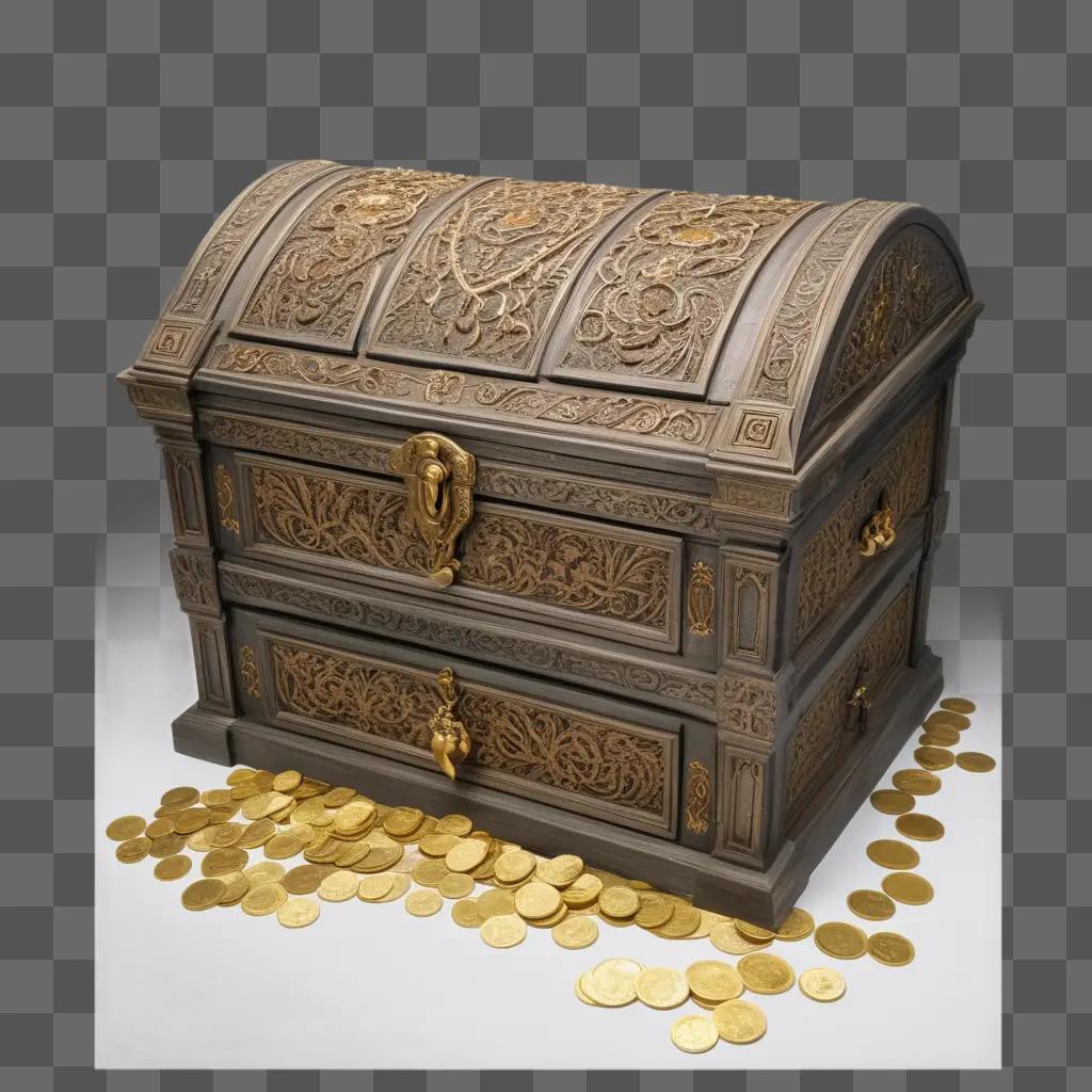 chest with gold coins sits on a white surface