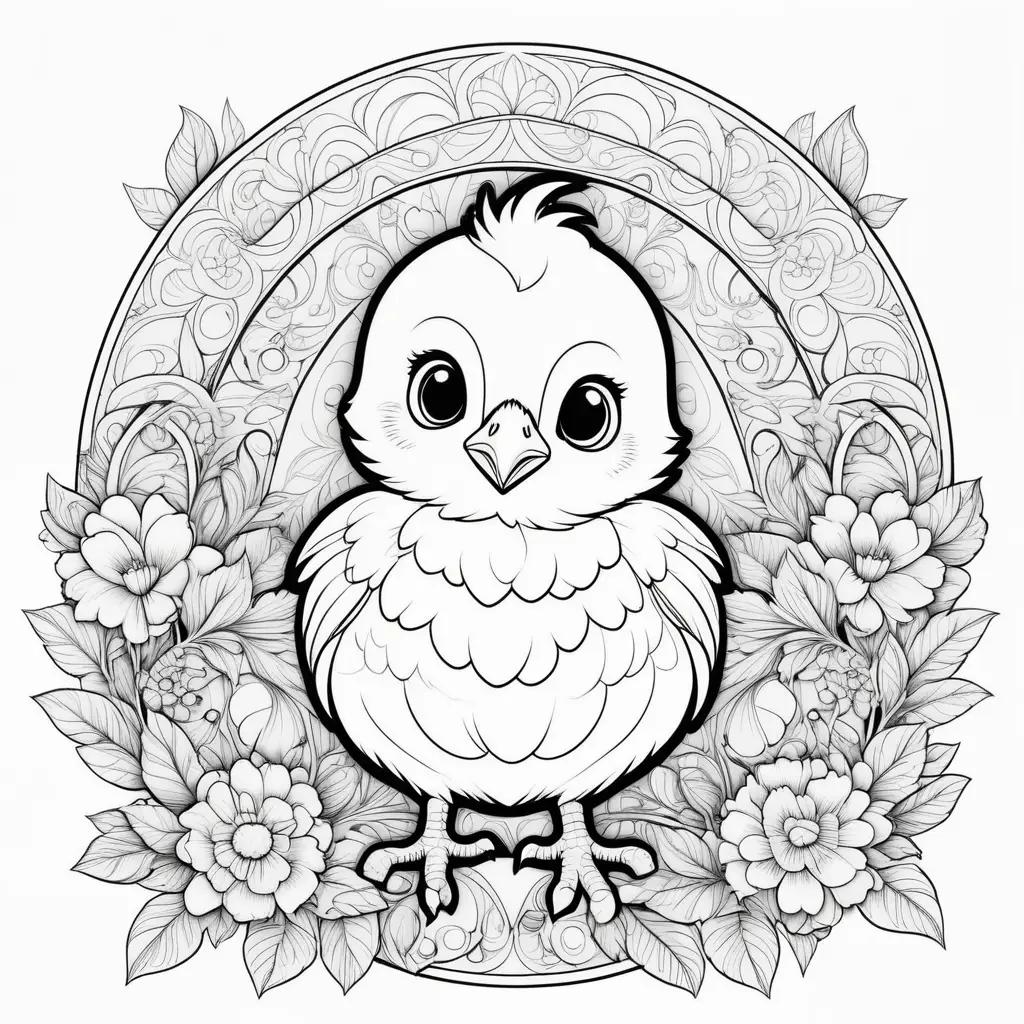 chick with a circle around it in a black and white coloring page