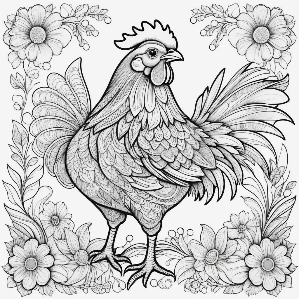 塗り絵の花の上に立つ雄鶏と鶏