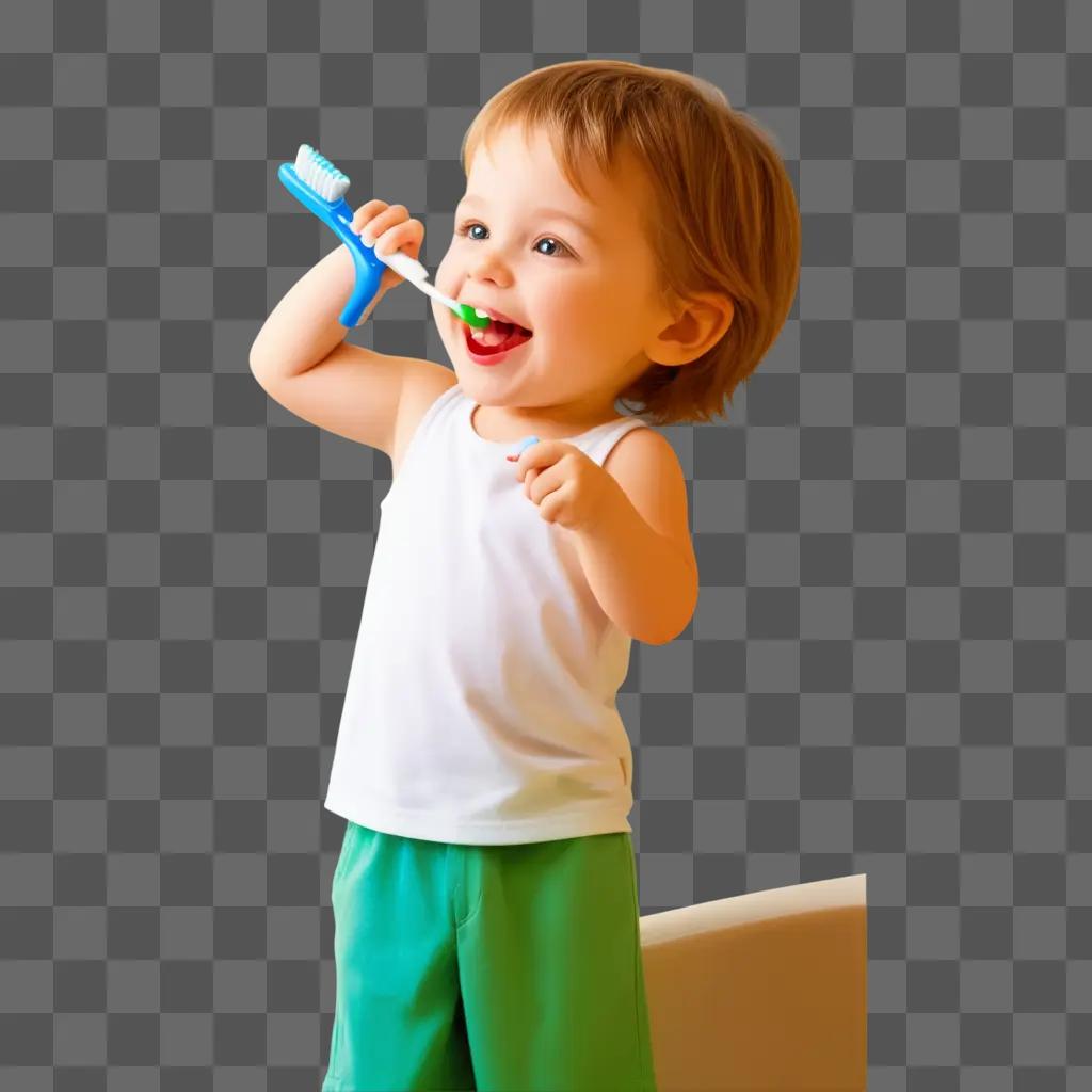 child brushes their teeth with a blue toothbrush