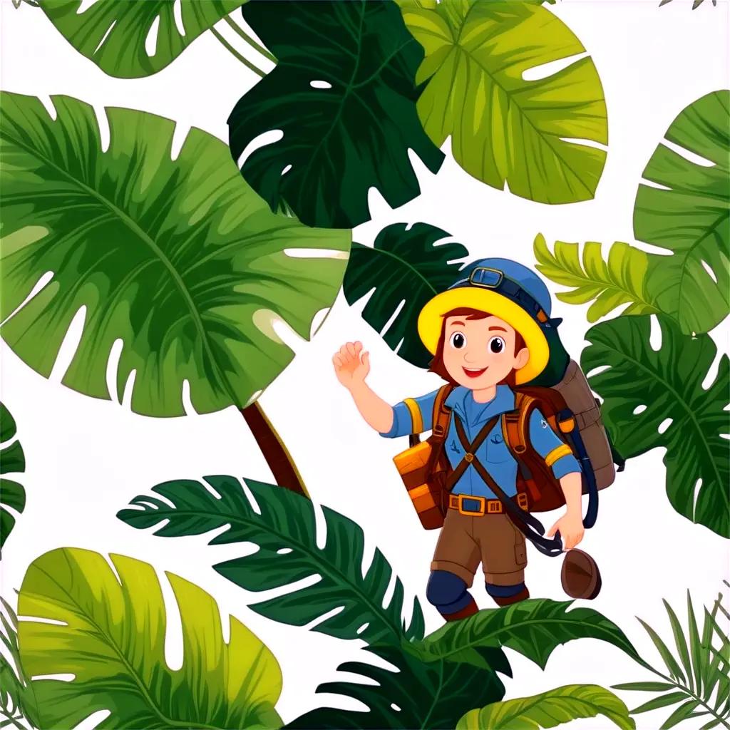 child explorer waving to someone in the jungle