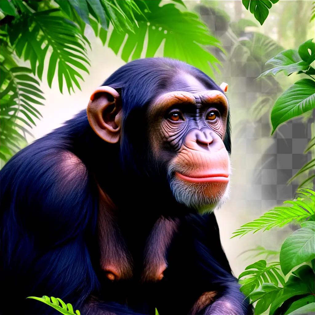 chimp gazes on green foliage