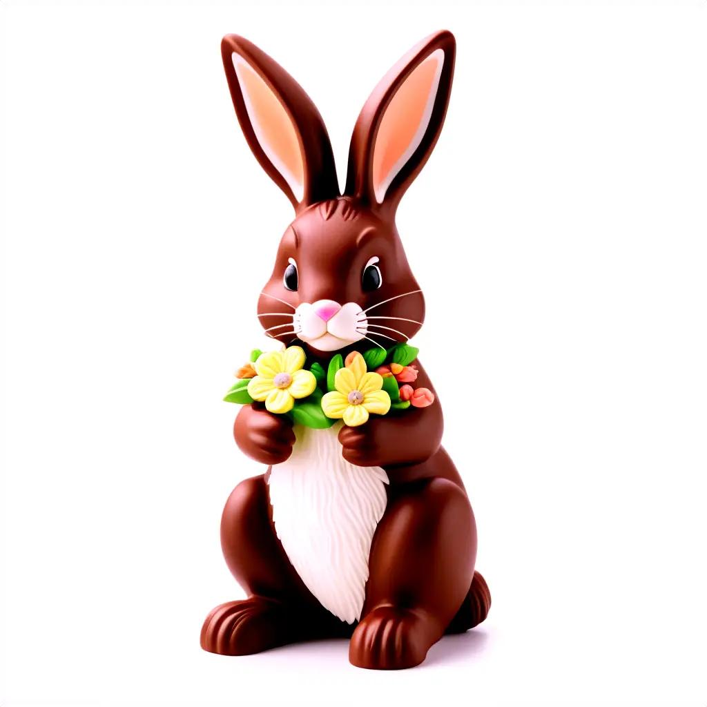 chocolate bunny holds a bouquet of flowers