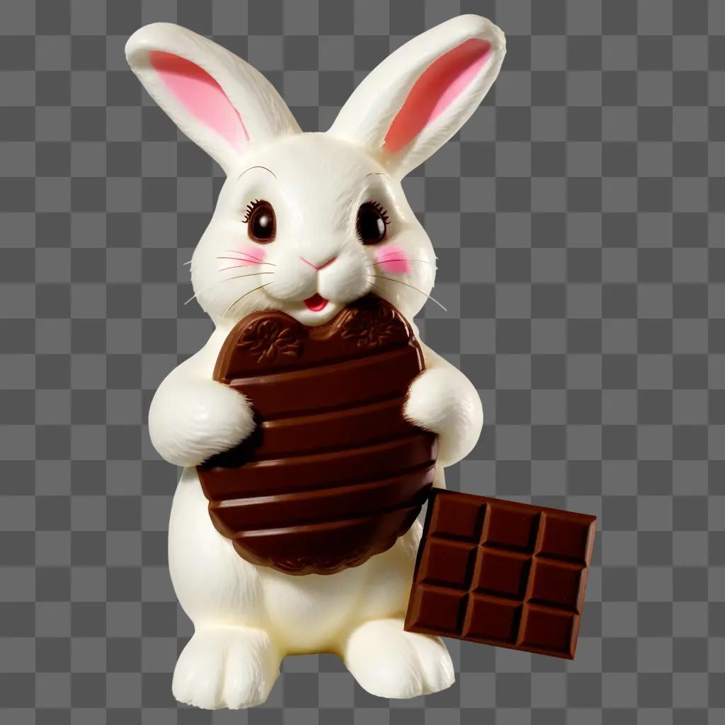 chocolate bunny holds a piece of chocolate