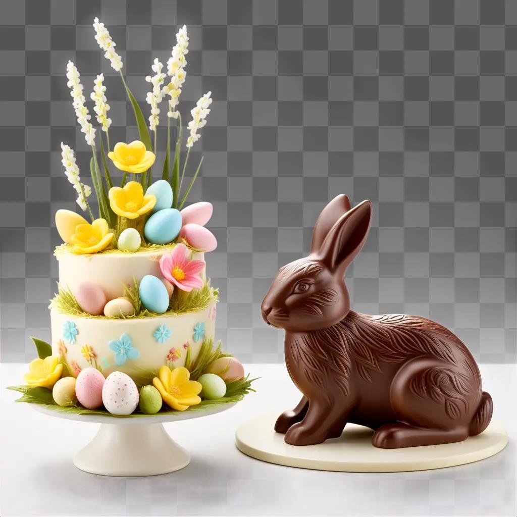 chocolate bunny sits beside a cake with flowers and eggs