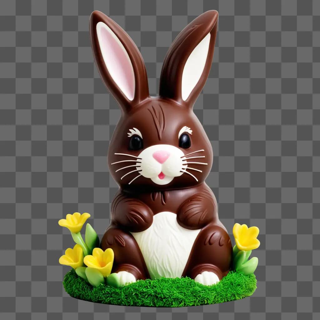 chocolate bunny sits on a grassy base