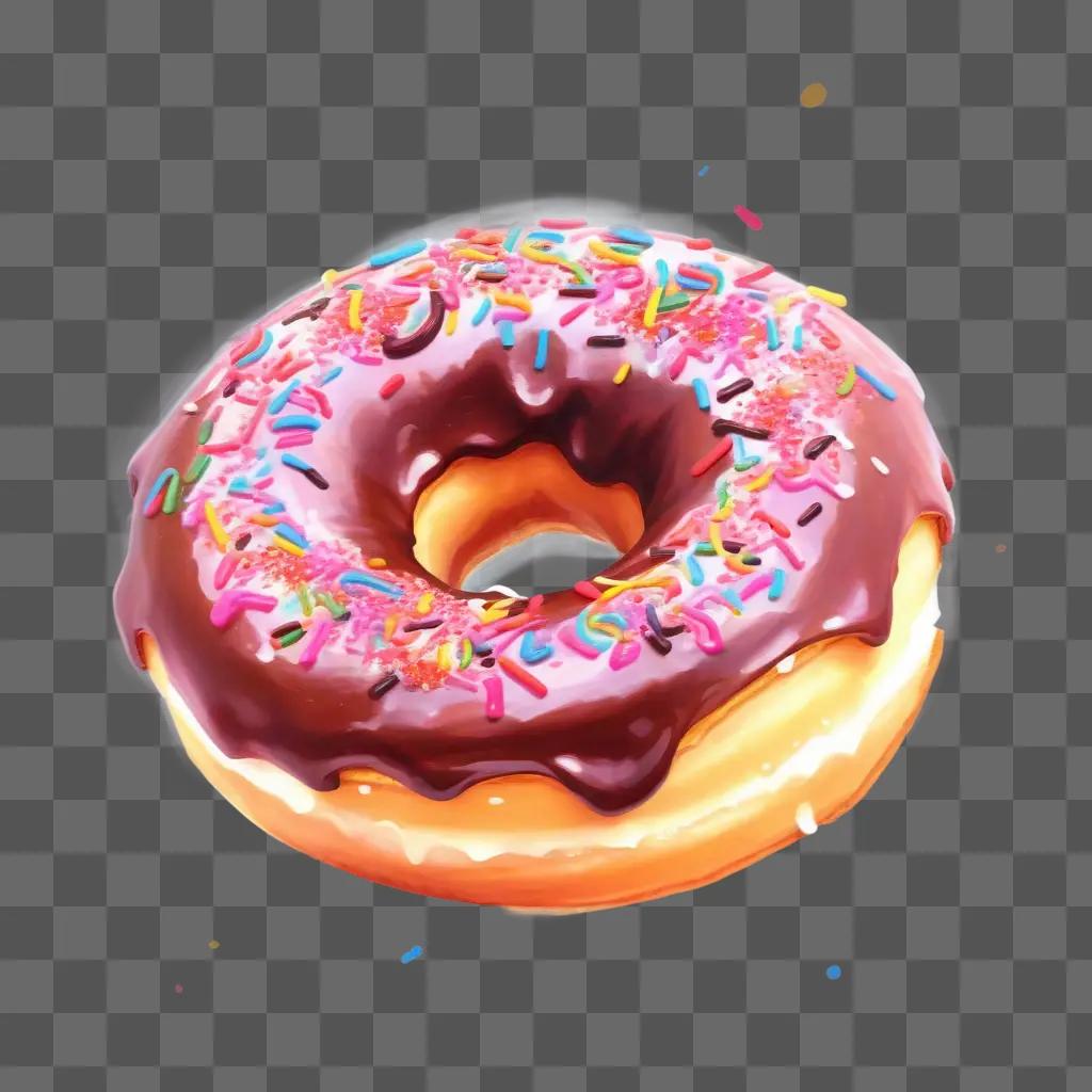 chocolate covered donut with colorful sprinkles on a pink background