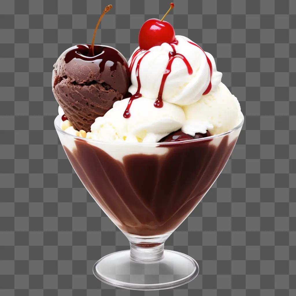 chocolate ice cream sundae with cherry and whipped cream