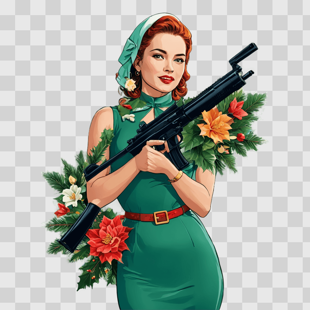 christmas background aesthetic Female soldier in a green dress with a gun and flowers