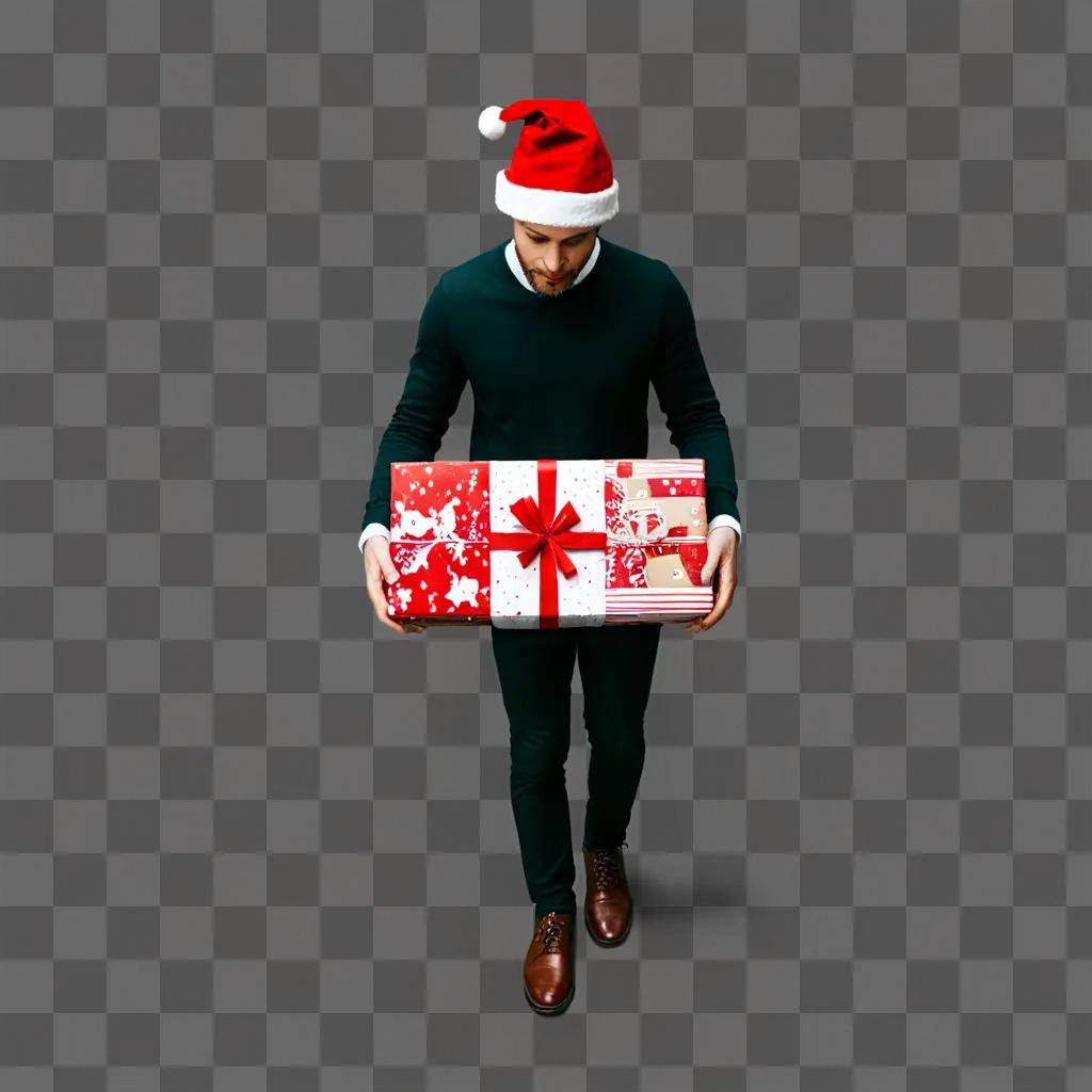 christmas background aesthetic Man in Santa hat carrying Christmas present