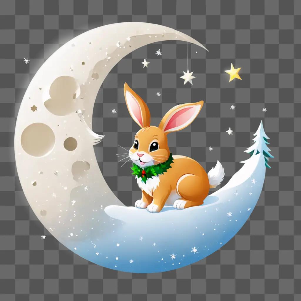 christmas background clipart A cute rabbit sits on a crescent moon