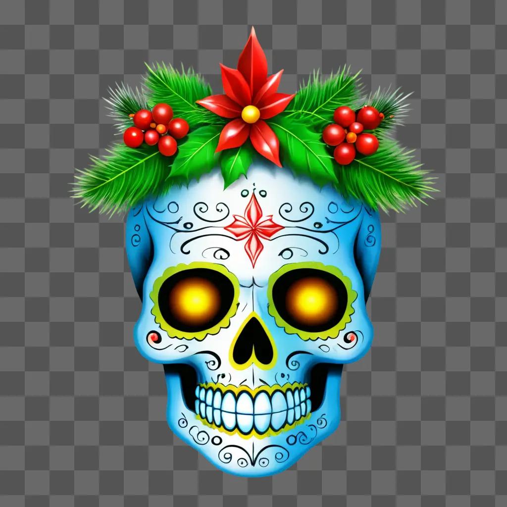 christmas background clipart A skull adorned with berries and holly