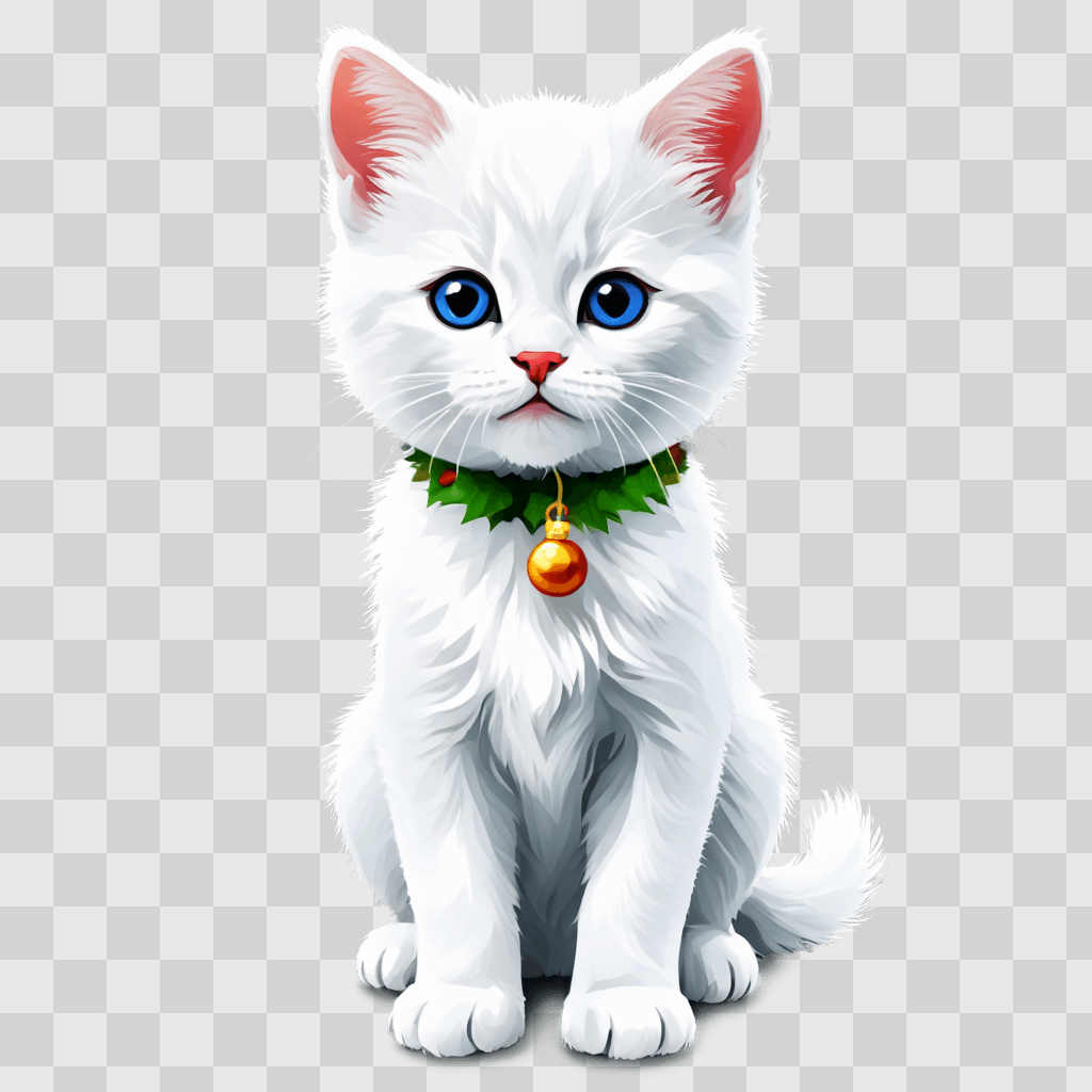 christmas background clipart A white cat with a green collar and a red bell