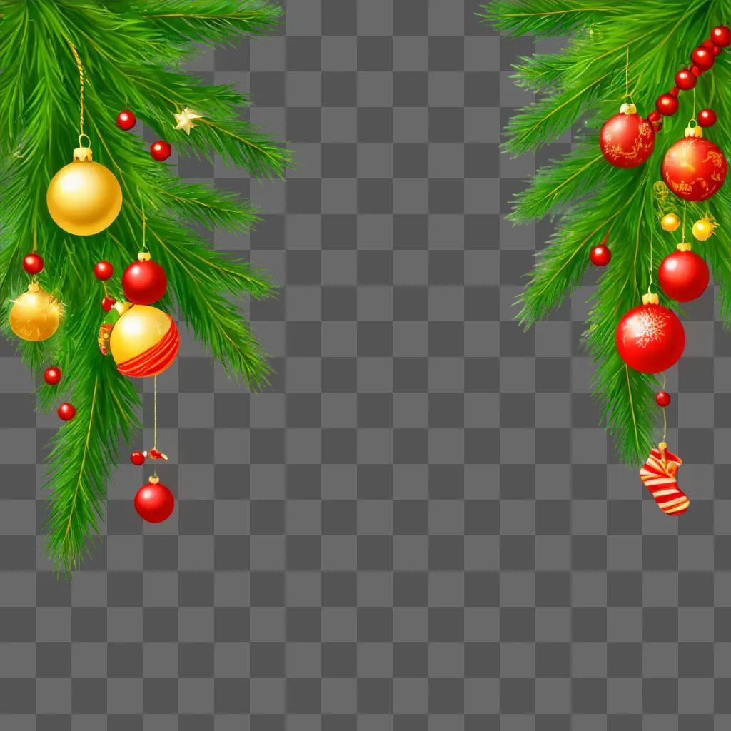 christmas background clipart Christmas tree decorations hang from a branch on a green background