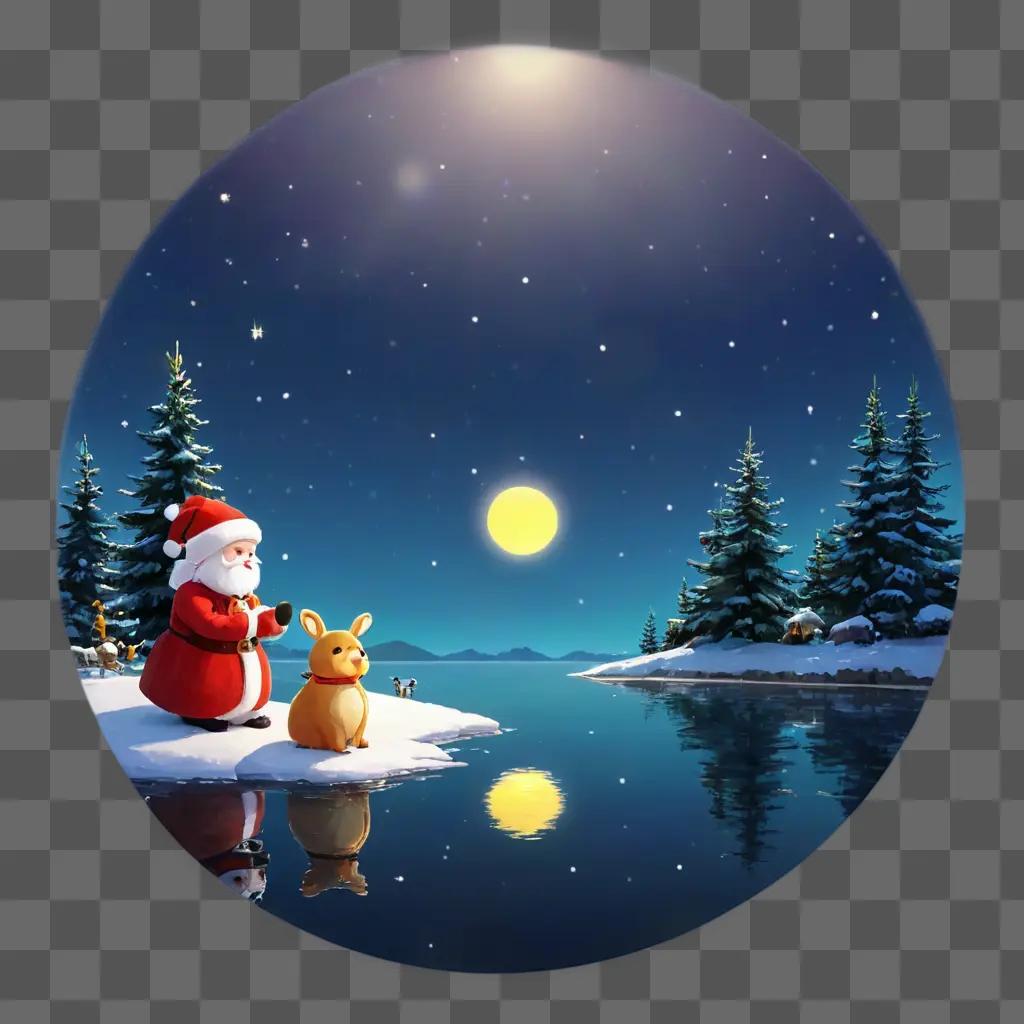 christmas background cute A Santa Claus and his dog stand in the snow near the lake