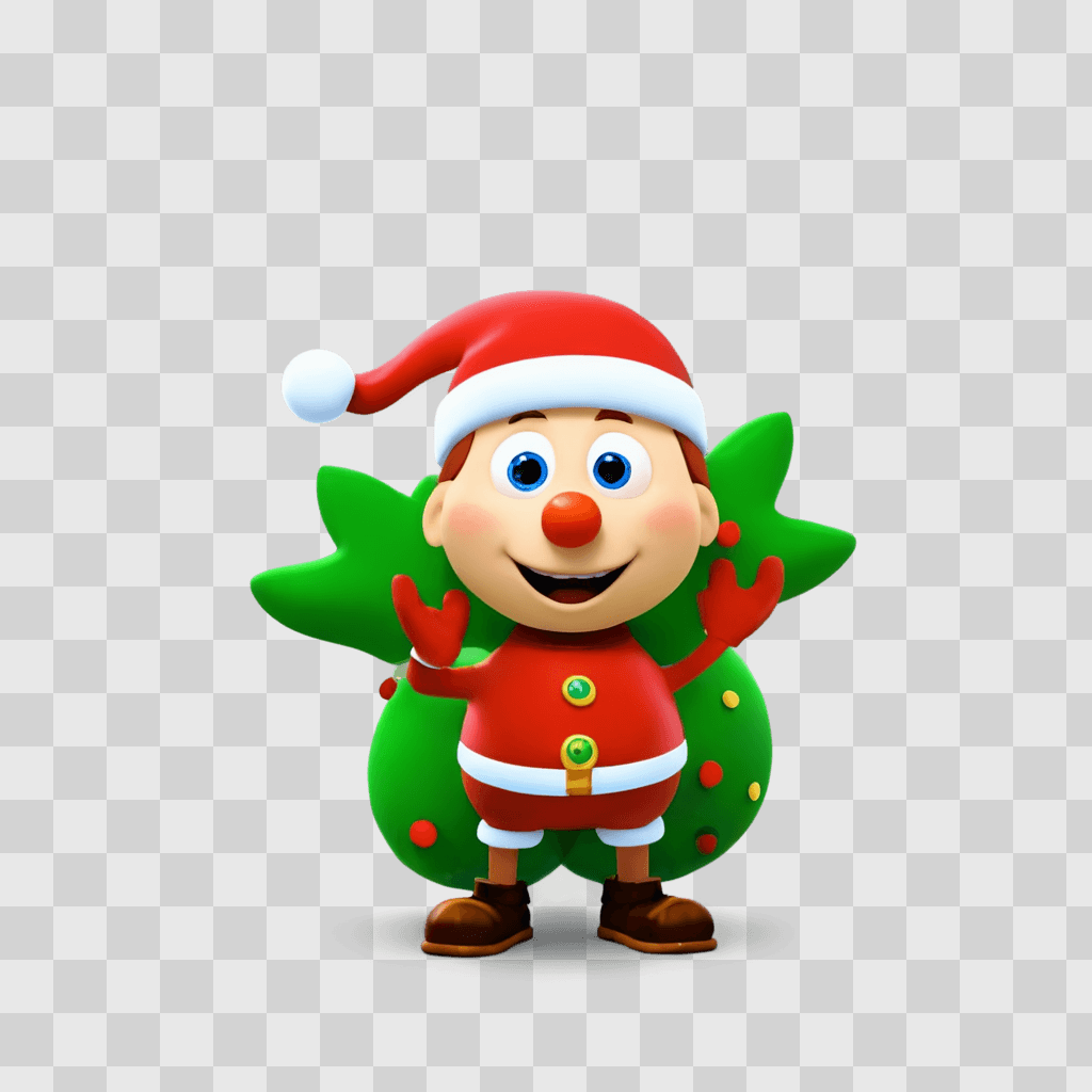 christmas background cute A cartoon Santa with a Christmas tree in front of him