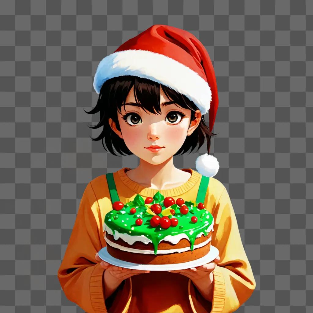 christmas background cute A girl in a Santa hat holding a Christmas cake