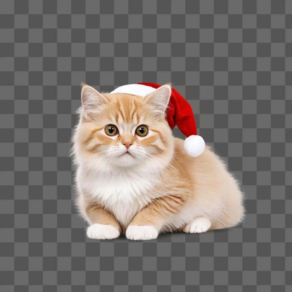 christmas background cute A kitten in a Santa hat sits on a table