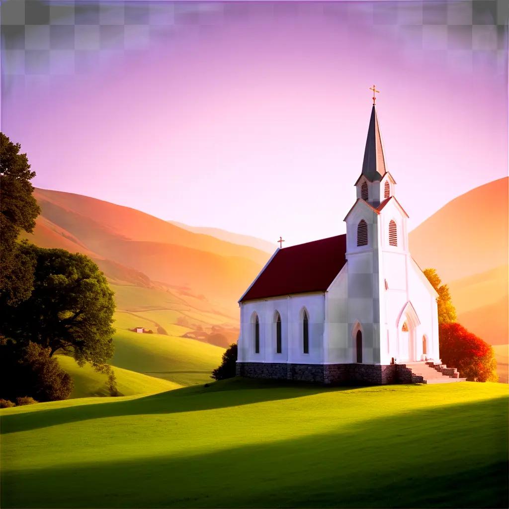 church stands in a valley with a sunset in the background