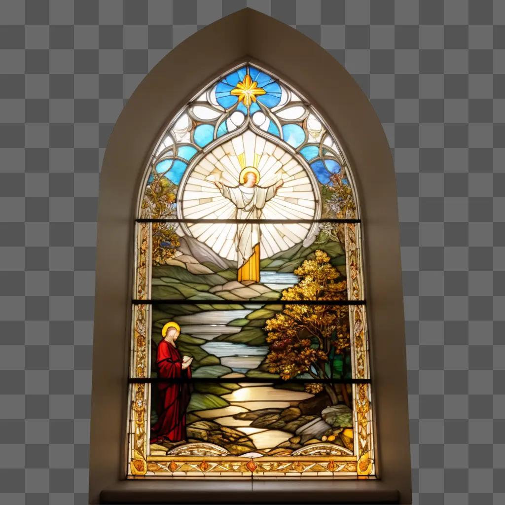 church window with stained glass depicting Jesus